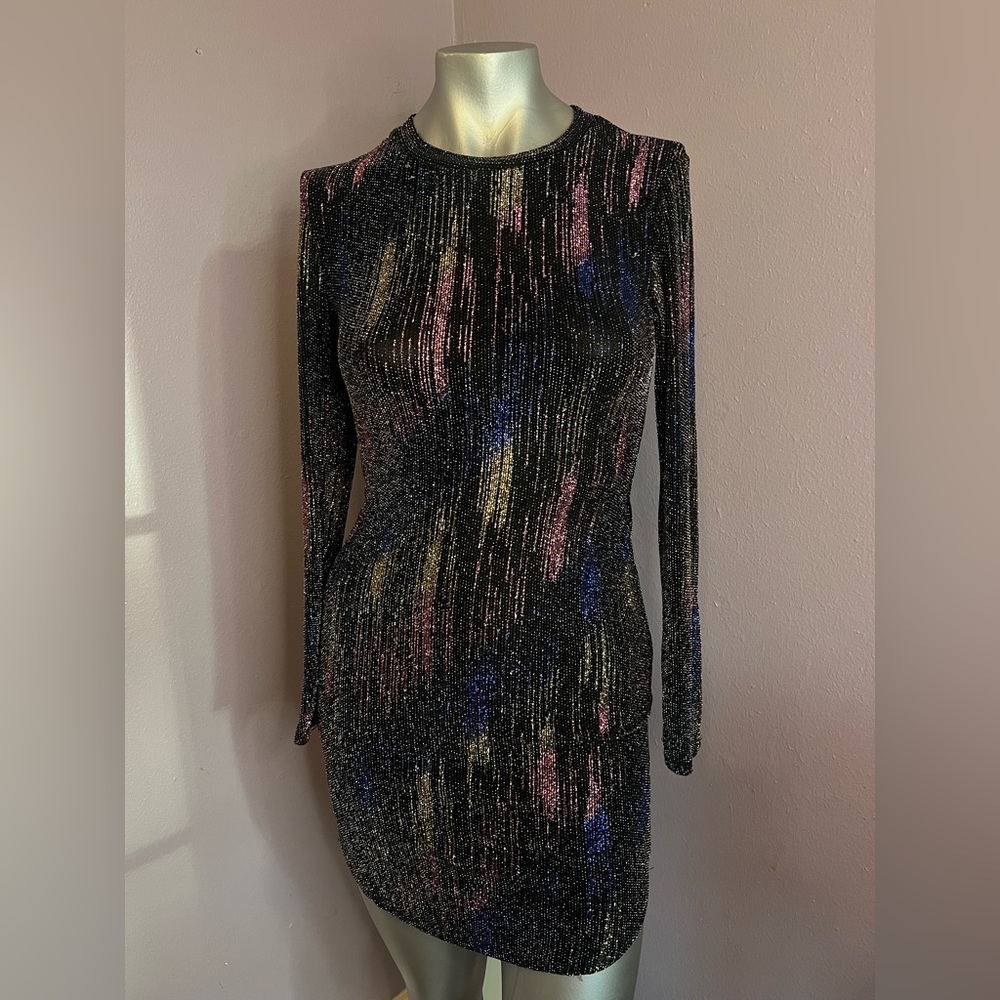 B Darlin Black Metallic Long-Sleeve Bodycon Dress with Pink, Blue & Gold Streaks
